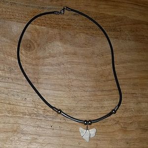 Black necklace w/silver beads and art shark tooth